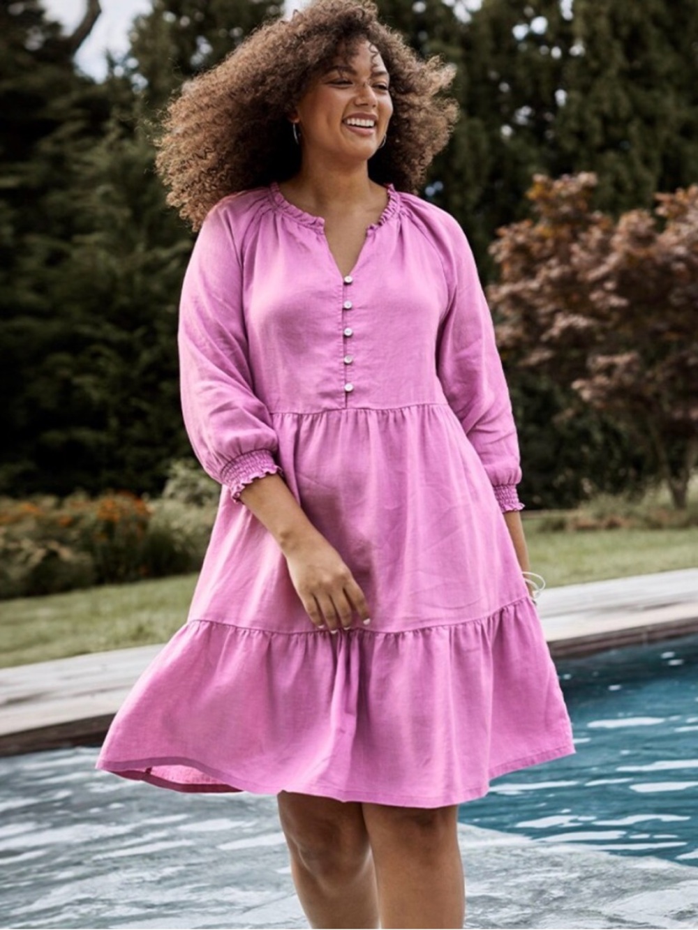 J. Jill Pink Tiered Button-Front Long-Sleeve Dress